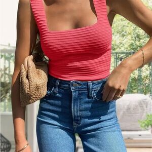 Ribbed Pink Square Neck Top